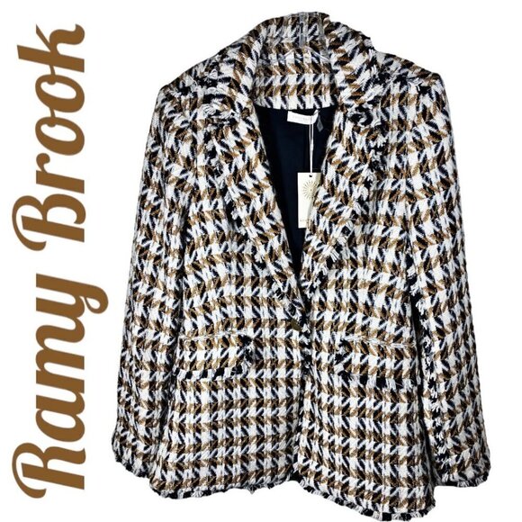 NWT RAMY BROOK Mallary Gold Plaid Tweed Wool Blend Blazer Fringe Trim, Size 8 - Picture 2 of 11